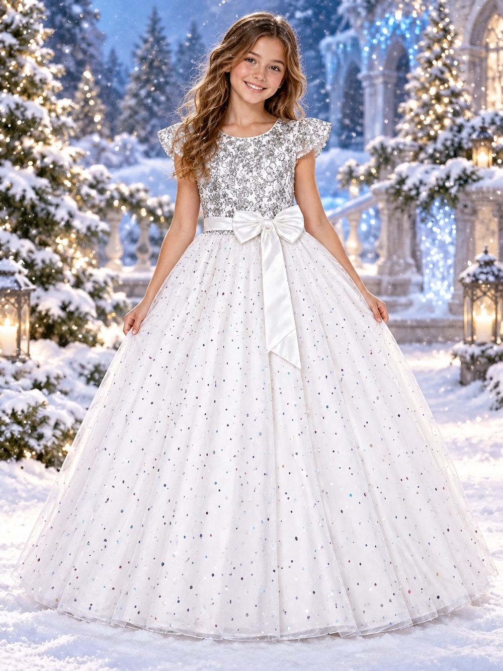 Sparkle IBTOM CASTLE White Girls' Sequin Bodice Tulle Ball Gown Dress with Bow